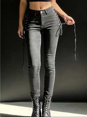 High-Rise Lace-Up Skinny Jeans — Black